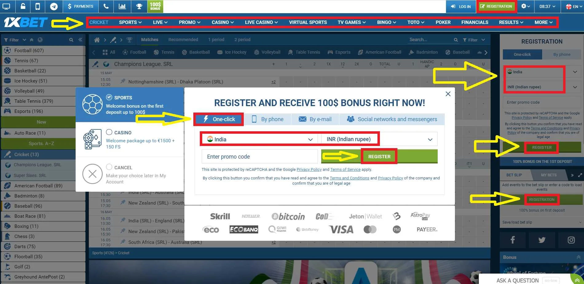 Guide for 1xBet registration and login.